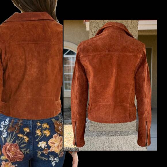 Blank NYC Rust Leather Suede Silver Hardware Attached Belt Moto Jacket Size L - Picture 3 of 7